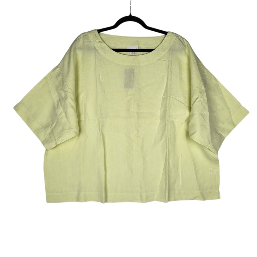 Pure Jill Linen Top Women's 1X Citron Yellow Short Sleeve Boxy Lagenlook Coastal